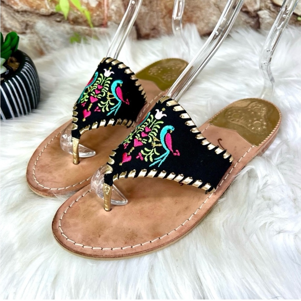 Jack Rogers Black Sandals with Colorful Embroidery